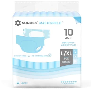 SUNKISS Masterpiece Adult Diapers with Ultimate Absorbency, Unisex Disposable Incontinence Briefs with Tabs for Women and Men, Odor Control, Overnight Protection,Blue, L/XL, 10 Count