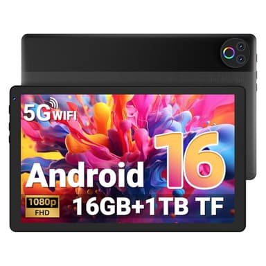 Gleeso Tablet｜Android 16 Tablet 10 Inch｜16GB RAM 1TB TF Android Tablets with Face Unlock｜Widevine L1｜BT 5.4/5G WiFi｜5MP Dual Camera, OTG Tablet PC - Black