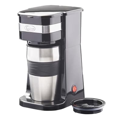 Quest 35189 Filter Coffee Machine/Portable Travel Filter Coffee Maker / 420ml Capacity/Thermal Travel Mug Included/Works with Ground Coffee & Coffee Pods/Instant Espresso & More