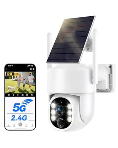 JUFLSKY Solar Security Camera Outdoor Wireless, 2K Home 360° Built-in Battery Operated CCTV Surveillance Cam, 2.4G/5G WiFi & PIR Motion Detection & 2-Way Audio Colour & Night Vision