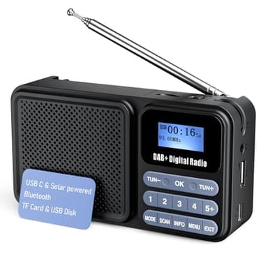 DAB Radio, FM/DAB Plus Digital Portable Radio with Bluetooth Battery Powered USB Rechargeable Small Radio Dual Alarm Clock AUX & Headphone Jack 80 Presets