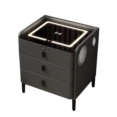 Smart Bedside Table with Fingerprint Lock, Bluetooth Speaker, Wireless Charging & USB Ports, 3-Drawer Modern Nightstand with Three-Colour LED Light for Bedroom (1, grey)