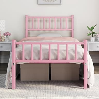 Yaheetech 3ft Single Metal Bed Frame Modern Style Bed Frame with Headboard and Footboard, Solid Slatted Base Pink