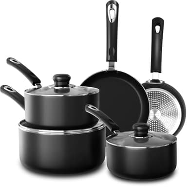KICHLY Set of 8 Non-Stick Pots and Pans Cookware Suitable for Induction Hob with 20cm, 28cm Frying Pans and 16cm, 18cm, 20cm Saucepans Set with Lids (Black)