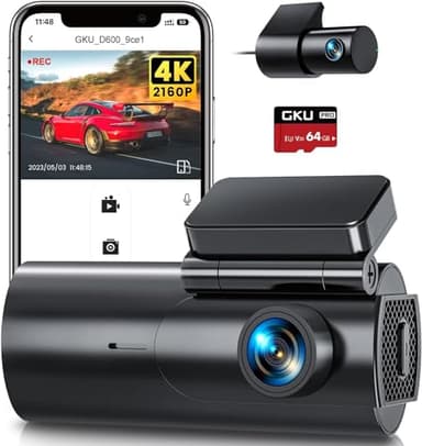 GKU 4K Dash Cam Front and Rear, 5GHz WiFi Dashcam with 64GB SD Card, Dual Car Camera Dash Cam with Parking Monitor, Night Vision, WDR, 170° Wide Angle, G-Sensor, Loop Recording, APP Control, Max 256GB