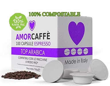 Amorcaffe 100 Compostable Compatible Coffee Capsules Pods for Lavazza A Modo Mio - Top Arabica taste - Plastic free