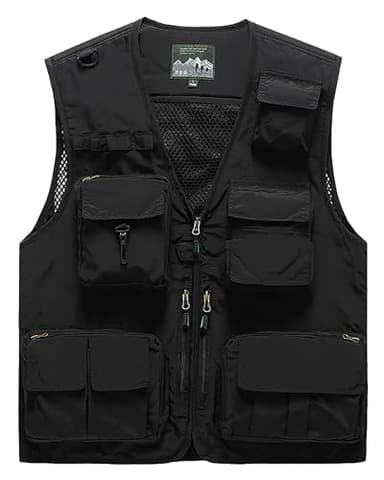Wirltte Mens Vests Cargo Outdoor Work Safari Hunting Fishing Travel Photo Mesh Waistcoat Vest Gilet Multi Pockets Black L