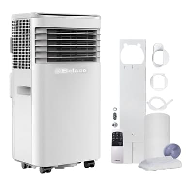 Belaco Portable Air Conditioner, 9000 BTU 4-in-1, Air Conditioning Unit, Fan & Cooling, Dehumidifier, Remote control with 24Hr Timer, Dual Window kit Included with Class A Energy Efficiency Rating