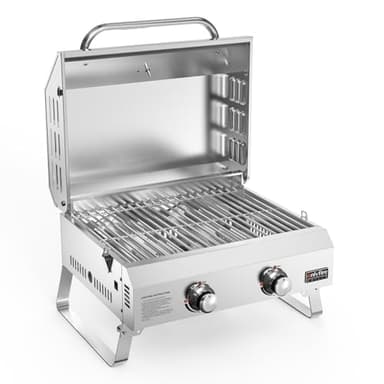 Onlyfire 2-Burner Tabletop Portable Gas BBQ, Outdoor Gas Barbecue Grill with 18" Cooking Grate, Lid & Thermometer, 4.7 kW