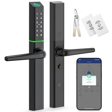 Ruveno Weatherproof Smart Door Lock with Handle: Fingerprint Keyless Entry - Digital Code Door Lock for Aluminum Wooden Door - Bluetooth Electronic Deadbolt - APP Control - Slimline Design