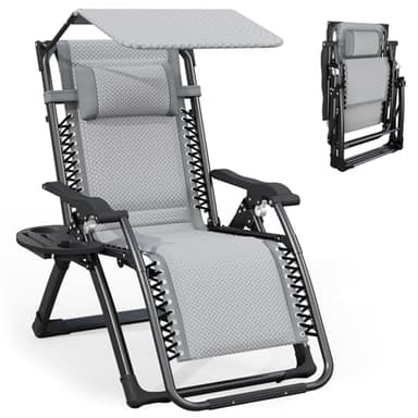 ATORPOK SHOP Zero Gravity Lounge Chair - Foldable Patio Recliner w/Adjustable Canopy, Headrest & Cup Holder for Backyard, Poolside & Beach (Gray)