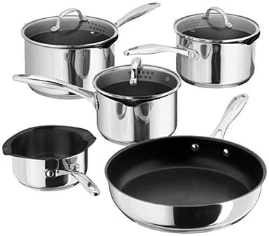 Stellar Profile Set of 5 Stainless Steel Non-Stick Pans, 3 Draining Saucepans, Frying Pan and Milk Pan, Induction Ready