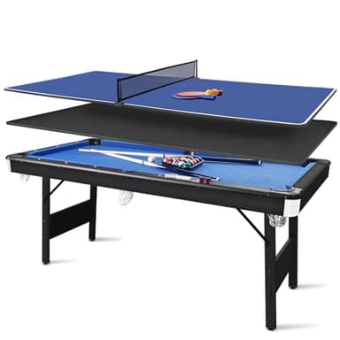 6FT Foldable 3-in-1 Multi-Functional Game Table - Pool Table/Ping Pong Table/Dining Table Combo with Full Billiard Accessories for Adults & Kids