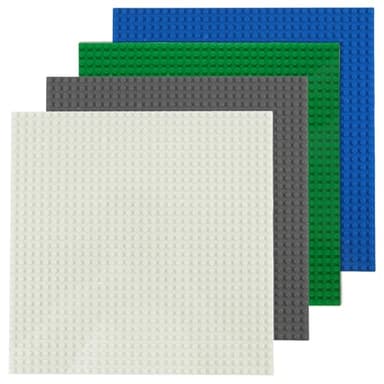 4 Pack Classic Baseplates Compatible with Lego, 10"x10" Square Base Plate with 32 x 32 Studs, Large Building Bricks Building Board Build and Display Board Set for Major Brands (Grey/Green/White/Blue)