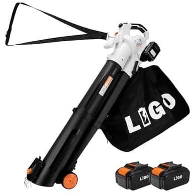 LIGO Leaf Blower and Vacuum, 40V 2 * 4.0Ah Battery Powered, 3-in-1 Cordless Leaf Collector with 45L Collection Bag, Leaf Mulcher & Garden Hoover with Leaf Rake