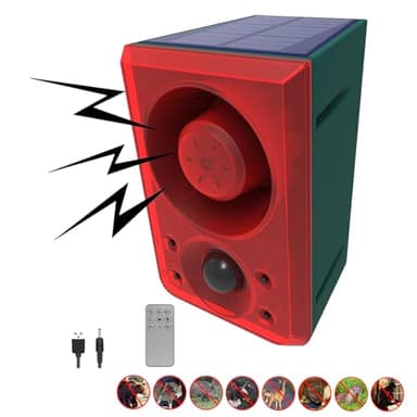 Outdoor Solar Motion Sensor Alarm - Barking and Shooting Dog, 130dB Loud Noise Generator, 3 Working Modes with USB Strobe Light, Say Goodbye to Intruders