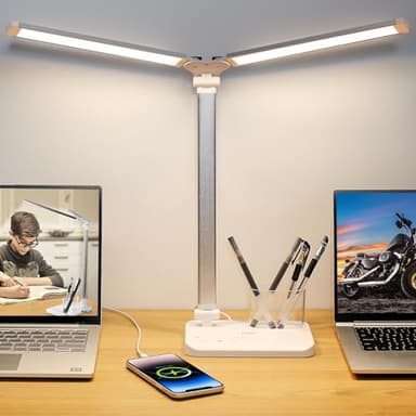 iVict Dual Swing Arm LED Desk Lamp, 5 Modes Touch Control Brightness Levels Desk Light with 45-Minute Auto-Off Timer, USB Charging Port, Memory Function, Pen Holder for Office