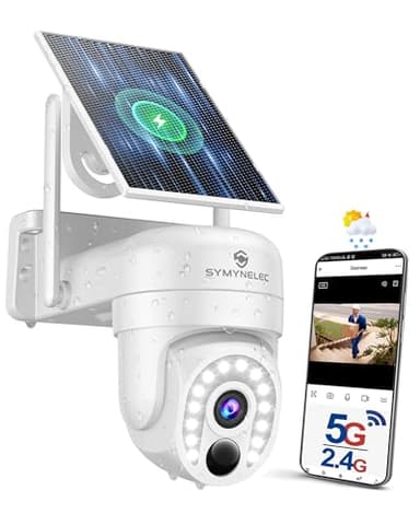 SYMYNELEC Security Cameras Outdoor Wireless: 5G&2.4G Solar Powered Camera - 360° Pan/Tilt 2K Color Night Vision Person Detection Siren Spotlight 2-Way Talk Weatherproof Cloud/SD Storage
