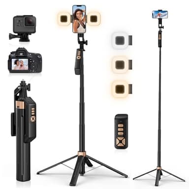 Avaspot 71" Selfie Stick Tripod - with 2 LED Fill Lights and Remote, All-in-one Extendable Phone Tripod Stand for Video Recording, Compatible with iPhone, Android, Camera & GoPro