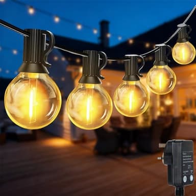 QIHANS Festoon Lights Outdoor, 100FT/30M Outdoor String Lights Mains Powered with Light Sensor Timer, 50+2 G40 Shatterproof Globe Bulbs, Waterproof Garden String Lights for Garden Backyard Balcony