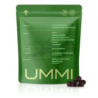 UMMI 12-in-1 Super Mushroom Gummies with Lion's Mane, Reishi, Cordyceps - 2500mg Functional Mushrooms Complex for Immunity, Focus, Mood & Energy - Vegan Supplements, Raspberry Flavour (30 Gummies)