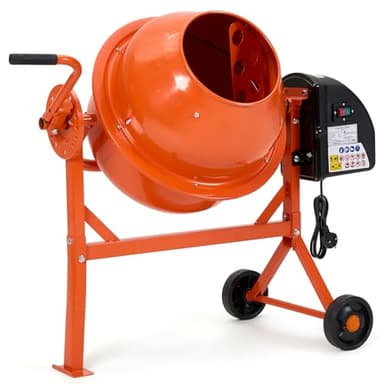 DKIEI 63L Electric Cement Mixer, 220W Concrete Mixer with Wheels and Stand, Portable Mud Mixer Machine for Cement, Stucco, Seeds and Fodder, 230V, 50Hz, 30RPM, Orange