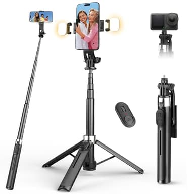 RISEOFLE 43'' Selfie Stick Tripod with Light, All-in-One Portable & Extendable Cell Phone Tripod Stand with Wireless Remote, Selfie Stick for iPhone/Samsung/Smartphone/Camera
