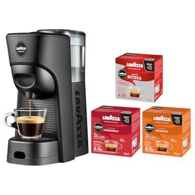Lavazza, A Modo Mio Tiny Eco, Coffee Capsule Machine Starter/Gift Set, Compact, Compatible with A Modo Mio Coffee Pods, Including 48 Capsules.