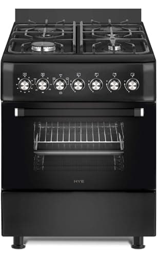 HYE Cooker - Gas Cooker With 4 Gas Burners, 62L Electric Oven, 60cm Width, Modern Freestanding Design, Black, Ideal For Family Homes - C01FS60G17