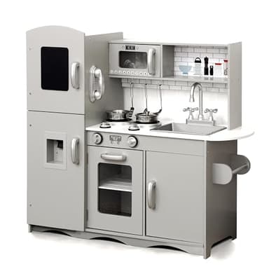 KIDOZ Wooden Toy Kitchen, Large Pretend Play Kitchen With Realistic Oven, Microwave and Sink With Taps, Kitchen Playset with Sounds and Lights For Kids (New Grey (Kitchen with Utensils)