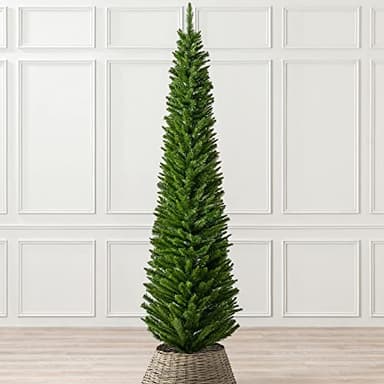 Christow Pencil Christmas Tree 7ft, Artificial Slim Narrow Green Spruce, Luxury Indoor Xmas Decoration, Natural Looking PE & PVC Needles, Easy Assembly with Stand, Tip Count 401 (skirt not included)