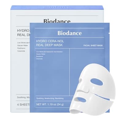 BIODANCE Hydro Cera-nol Real Deep Mask, Hydrogel Mask, Soothing, Moisturising, Nutritious, Korean Skin Care, 34 g x 4 Pieces