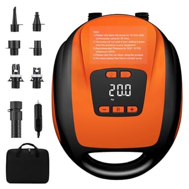 20 PSI Electric SUP Pump, 12V Car Paddle Board Pump with Auto-Off & Deflation, Dual Stage Fast Inflator with Digital LCD Pressure Preset, 7 Valve Adapters for iSUP, Inflatable Kayak & Boat