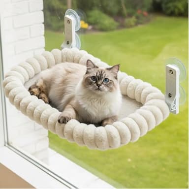 CareCooo Cat Window Hammock, Plush Cat Window Bed with 4 Powerful Suction Cups, Foldable Perch for Indoor Cats, Sturdy Steel Frame Holds 18kg, Washable, M(52x30cm), Beige