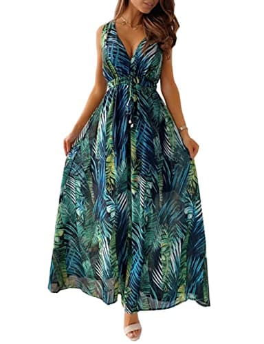 TOPLAZA Maxi Dresses for Women Summer Beach Floral Dress V Neck Sleeveless, Green, M