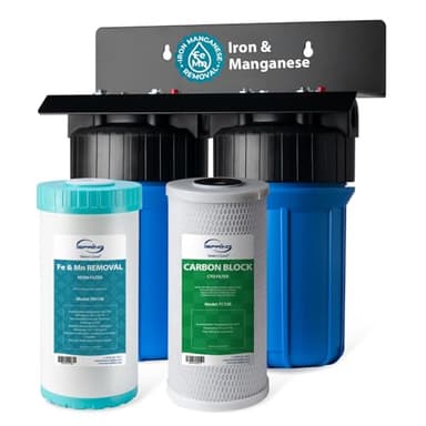 iSpring WGB21BM 2-Stage Whole House Water Filtration System, 10” x 4.5” Carbon Block and Iron & Manganese Reducing Filters, 1" Ports
