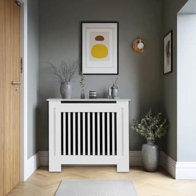 FATIVO 90cm Tall Radiator Cover High, External 92cm Height White Small Heater Covers Inner 90cm Vertical Slats Tall Radiator Shelf Thickened Wood Kitchen/Bedroom