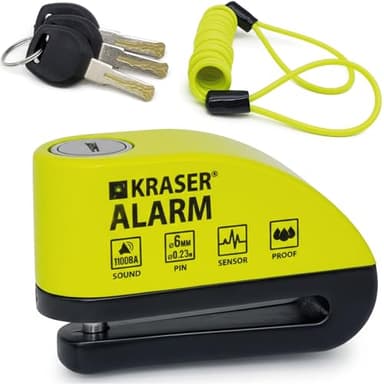 KRASER WA6Y Alarm Disc Lock, Reinforced Disc Brake Lock with 3 keys (others 2), Heavy Duty Anti-Theft Motorcycle Lock with Alarm,110dB, Weather-Resistant, Reminder Cable, Pouch, Motorbike Moped E-Bike