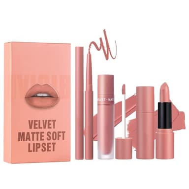 Matte Lipstick Set - 3PCS Nude Lipstick Long Lasting Lipliner Pencil - All-IN-One Lip Filler Lip Gloss Liquid Lip Stick Kit - Lip Liner Set Lip Makeup Kits for Women Girls Daily Makeup