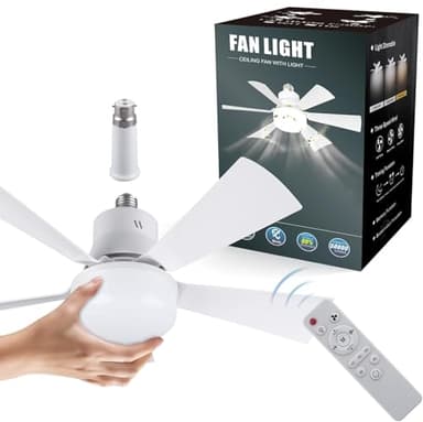 Jobfun Ceiling Fans with Lights and Remote, 15.74IN Socket Fan Light, E27 Base Screw in Ceiling Fan Light, 3 Colors 3000K-6000K Dimmable, 3 Speed Fan Lights Ceiling for Bedroom,Living Room