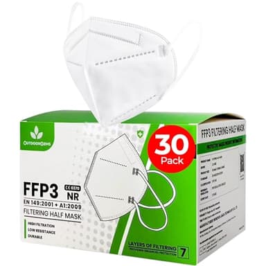 OutdoorGems FFP3 Face Masks - Pack of 30 – UK Certified EN149:2001+A1:2009, 7-Layer Disposable Respirator Safety Masks ≥99% Filtration, Individually Wrapped, Dust Protection for Work & Construction