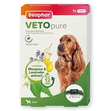 Beaphar – VETOpure Flea Collar for Dogs – Plant-Based Protection – Repels for up to 12 Weeks – Contains Margosa & Lavender Extract – Comfortable and Adjustable Collar 65cm
