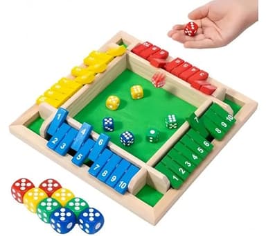 Wooden Shut the Box Dice Board Game, 22 x 22 x 4 cm, 4 Players, Multi-Coloured