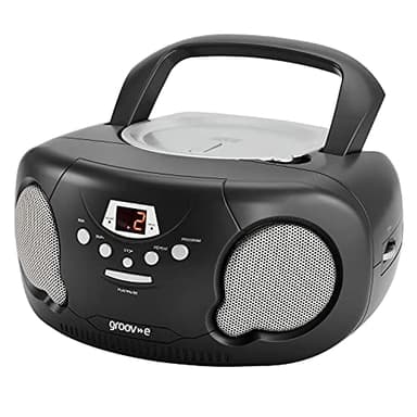 Groov-e Original Boombox - Portable CD Player with Bluetooth, Radio, 3.5mm Aux Port, & Headphone Socket - LED Display, 2 x 1.2W Speakers - Battery or Mains Powered - Black