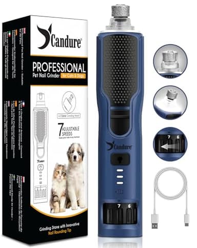 Candure Dog Nail Grinder Upto 7-Speed Dog Nail Trimmer for Large, Medium, Small Dogs, Cats & Pets - Low Noise Rechargeable Dog Claw Grinder with 360° LED Lights & Extra Grinder Head