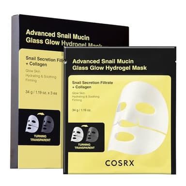 COSRX Advanced Snail Mucin Glass Glow Hydrogel Face Masks Skincare, Collagen Mask, Overnight Peel Off Korean Face Mask for Hydration Boost, Glass Skin Face Mask Korean Skincare, Pack of 3