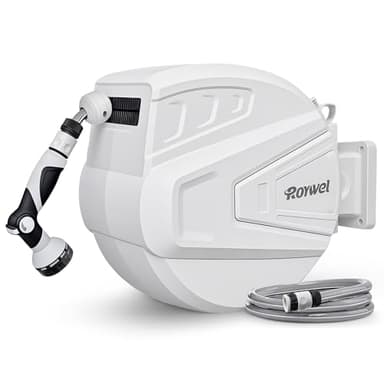 Roywel Auto Reel Garden Hose 40M，Hose Reel Wall Mounted，Auto Rewind, Self-Locking System,180° Pivotal with Multifunction Spray Nozzle