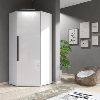 Furneo Clifton 14 – Modern Corner Wardrobe, White High Gloss Door & Matt Body, LED Light, Bedroom Storage