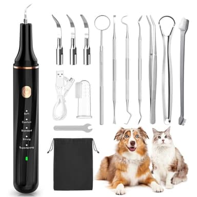 Petbank Electric Dog Plaque Remover with LED Light & 5 Modes, USB Rechargeable 12+1 Pack Dog Teeth Cleaning Kit for Dogs/Puppies - Includes Dental Scaler & Finger Toothbrush, Black