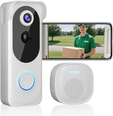 Wireless Video Doorbell with Chime, 2K HD No Subscription Security Doorbell Camera, PIR Motion Detection, Night Vision, 2-Way Audio, Battery Powered, SD Card/Cloud Storage, Works with Alexa and Google